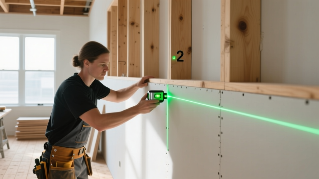Carpenter aligning half-inch gypsum board against a precisely spaced 2x4 wood stud wall frame using a laser level in a bright room