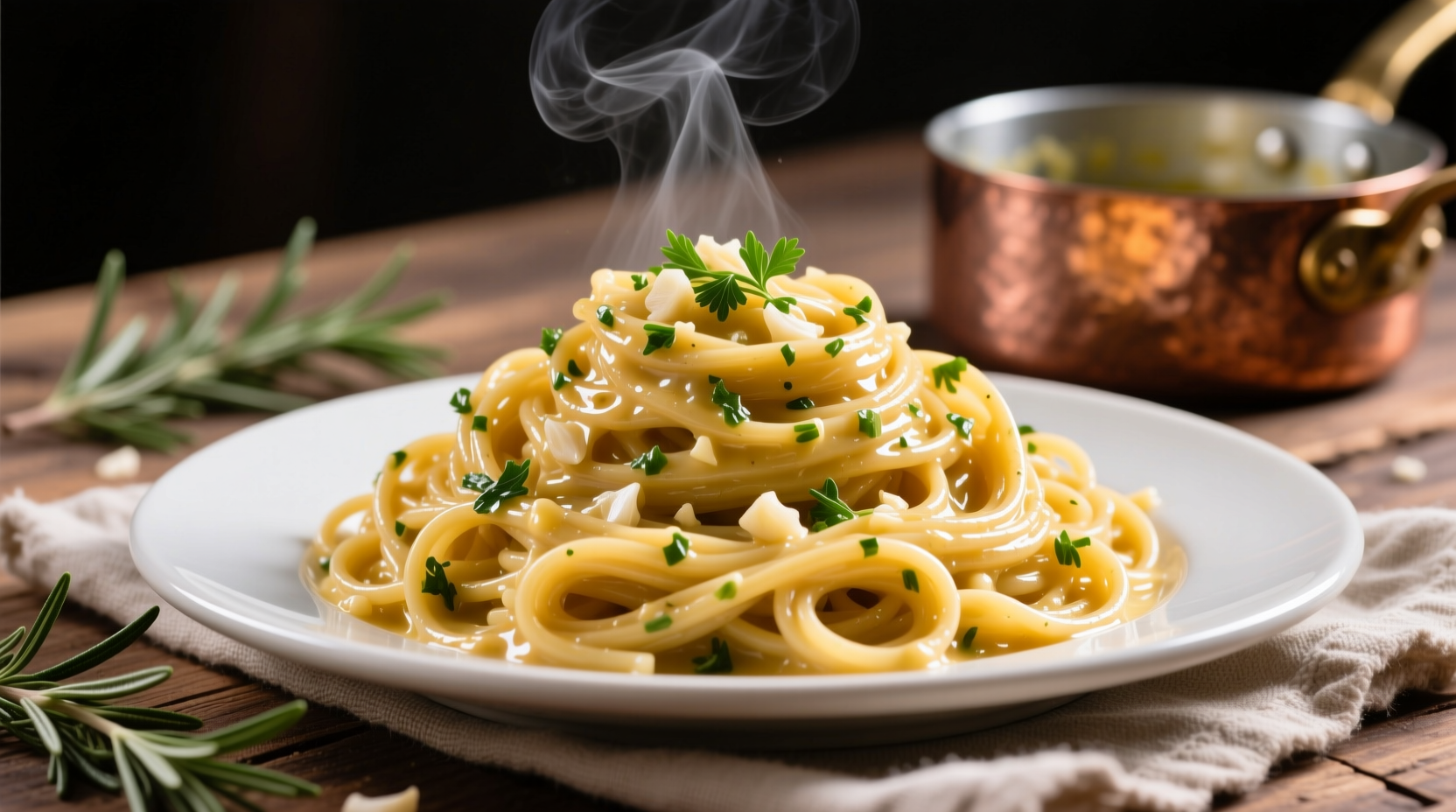 Freshly made butter garlic sauce coating spaghetti