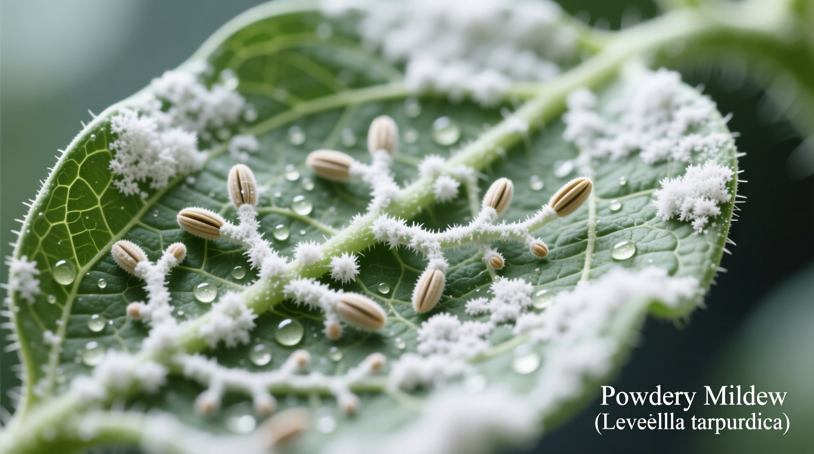 Close-up of white powdery mildew on tomato leaf surface