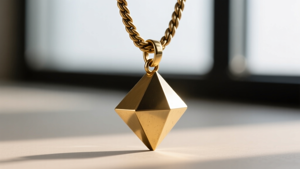 Macro shot of a heavy brass geometric pendant attached to a thick wheat chain using a reinforced 16-gauge soldered jump ring