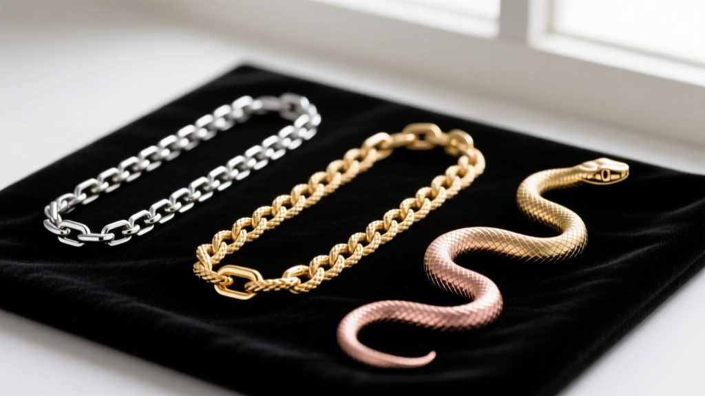 Macro photography comparing three chain styles: a 1mm box chain, a 1.2mm rope chain, and a 0.9mm snake chain on a dark velvet pad