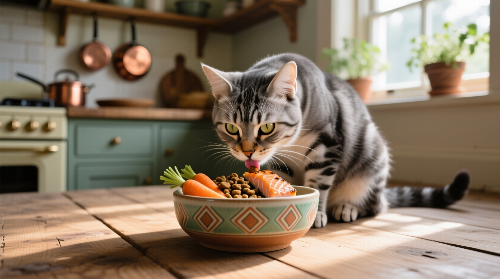 Cat eating balanced meal from ceramic bowl