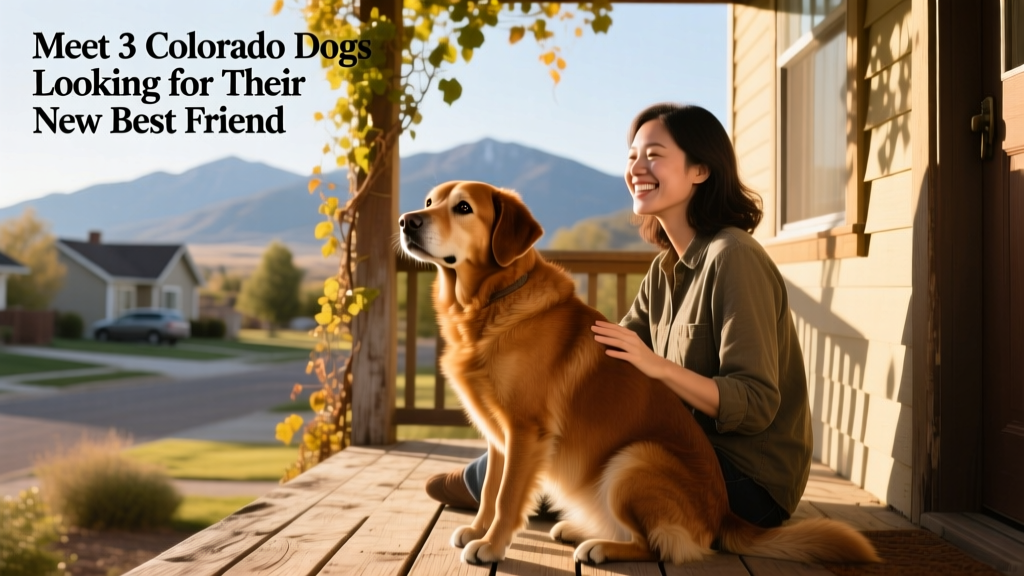 A relaxed, medium-to-large brown dog sitting beside a smiling person on a sunlit porch