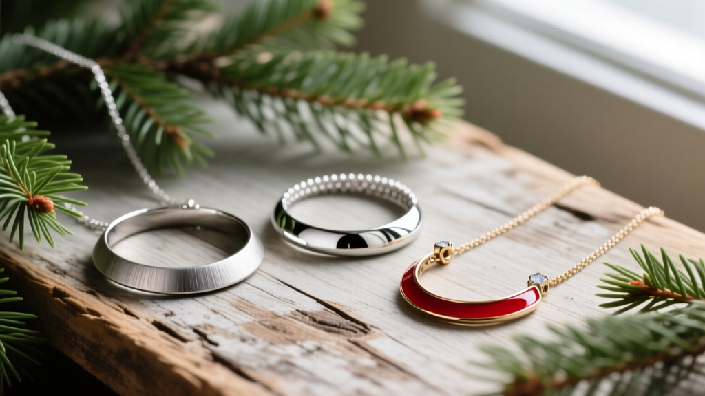 Flat lay of titanium, rhodium silver, and red enamel Christmas necklaces on a rustic wooden surface beside green pine branches.
