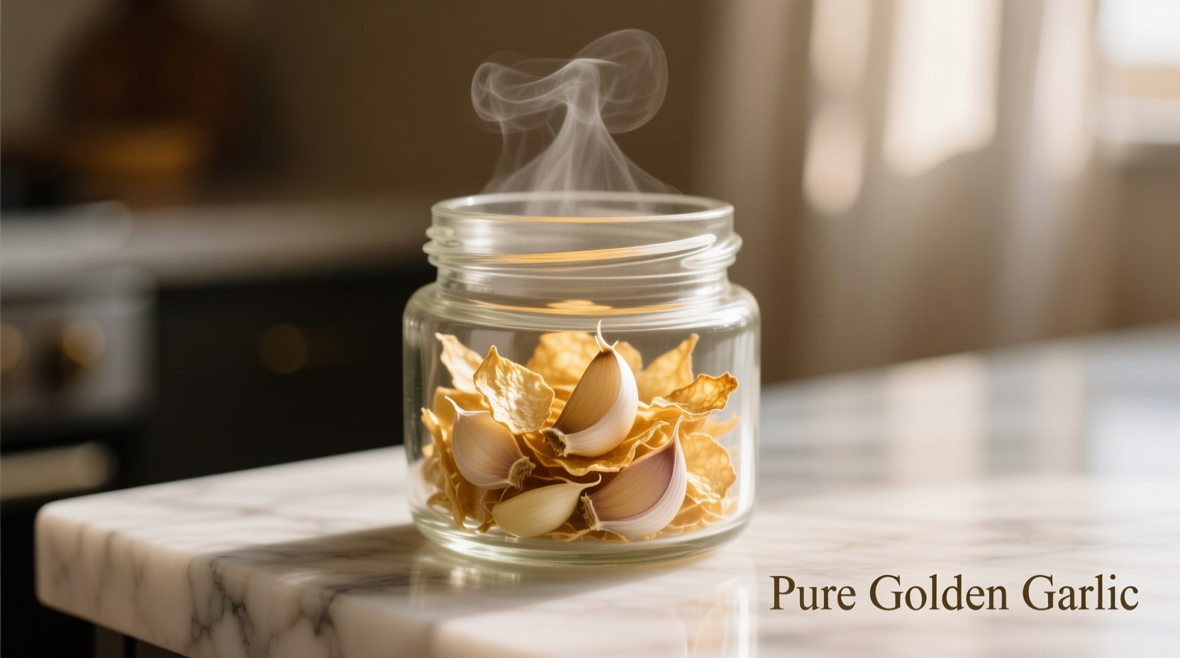 Close-up of golden garlic flakes in glass jar