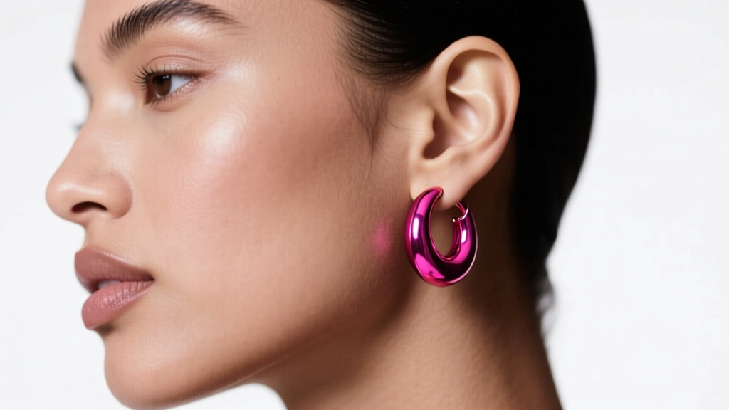 Profile of a model wearing 16G magenta enamel huggies, focusing on the glossy pink finish and the natural curve of the earlobe.