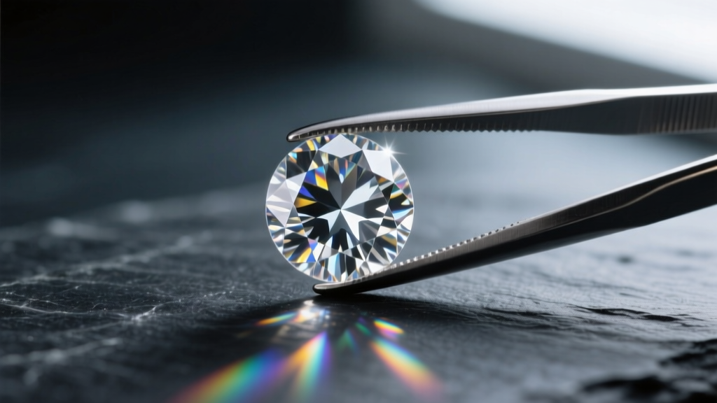 Round brilliant diamond held in steel tweezers showing precise facet symmetry and light dispersion against a dark slate background.