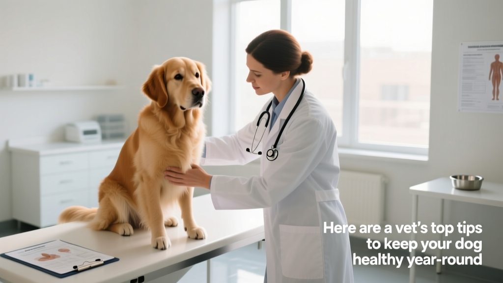 A veterinarian performing a gentle physical exam on a calm, seated dog in a clean clinic setting