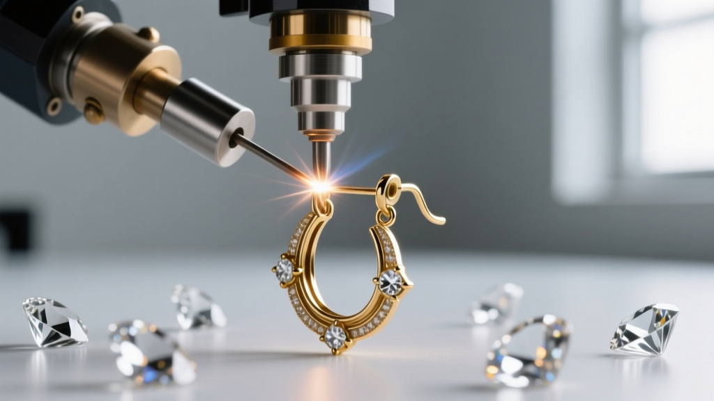 Laser welder attaching a titanium post to a vintage brass clip-on earring back, carefully avoiding the nearby glass rhinestones.