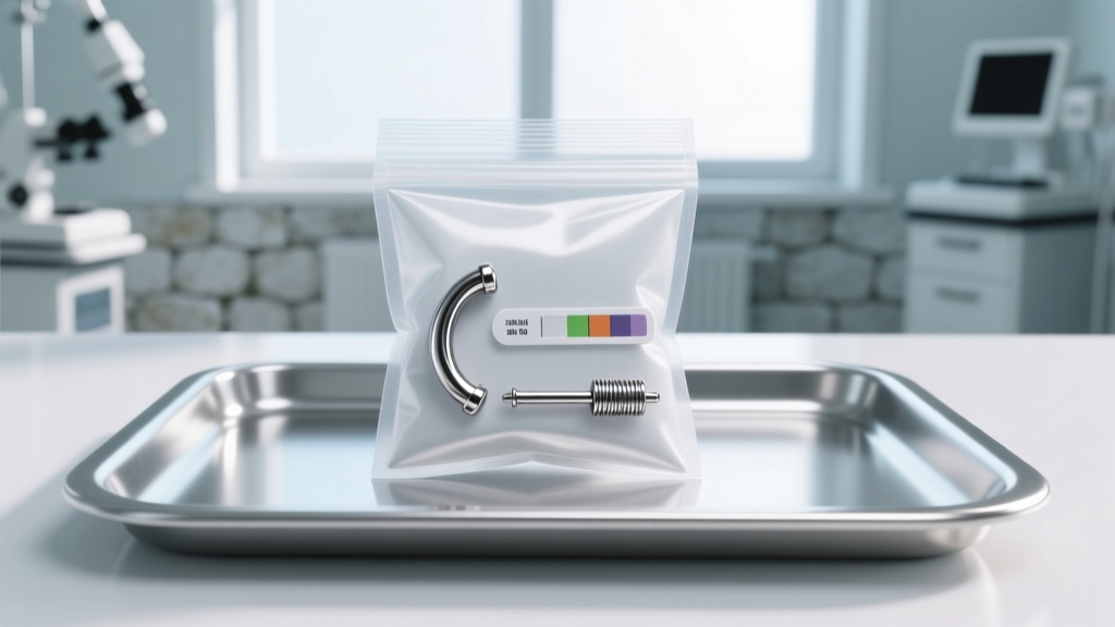 Sealed autoclave pouch holding titanium labret studs and an indicator strip resting on a steel tray in a bright clinical setting.