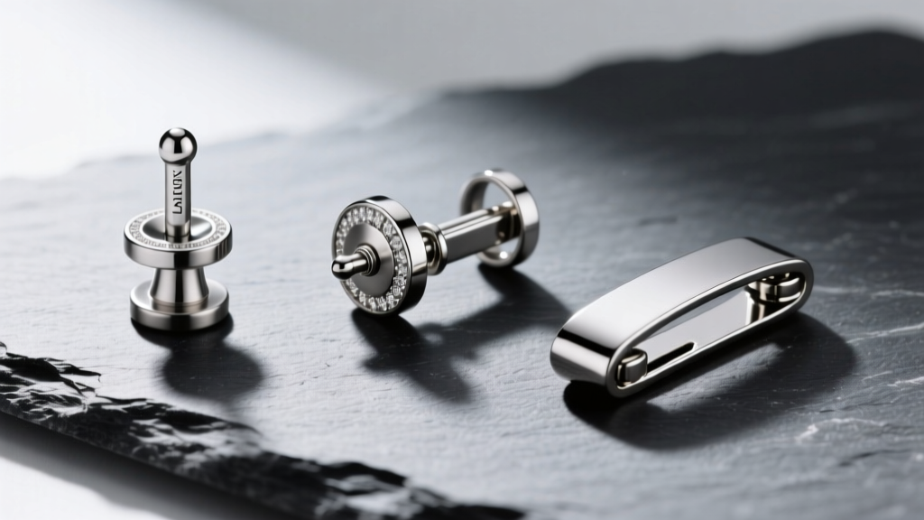 Flat lay of jewelry backings on slate including a titanium flat-back labret, a hinged leverback, and a modern magnetic clasp.