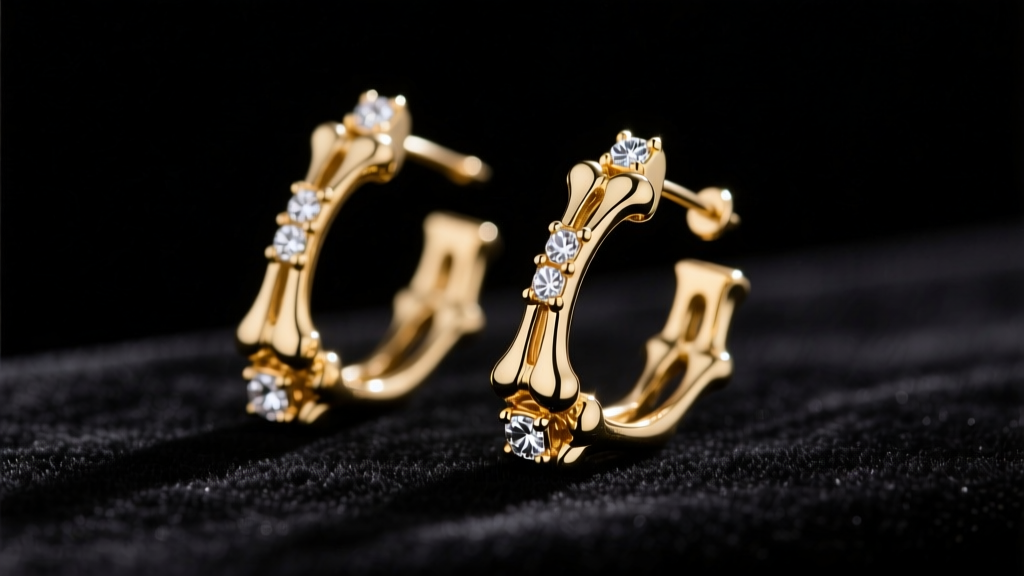 Gold-plated skeleton earrings on black velvet, showing intricate bone details and tiny pave cubic zirconia stones in soft lighting.
