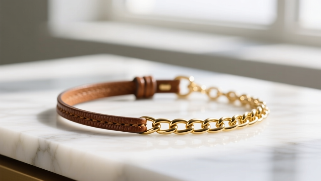 Macro shot of a 3mm brown vegan leather wrapping necklace cord beside a 20-gauge 14k gold-filled chain resting on white marble.