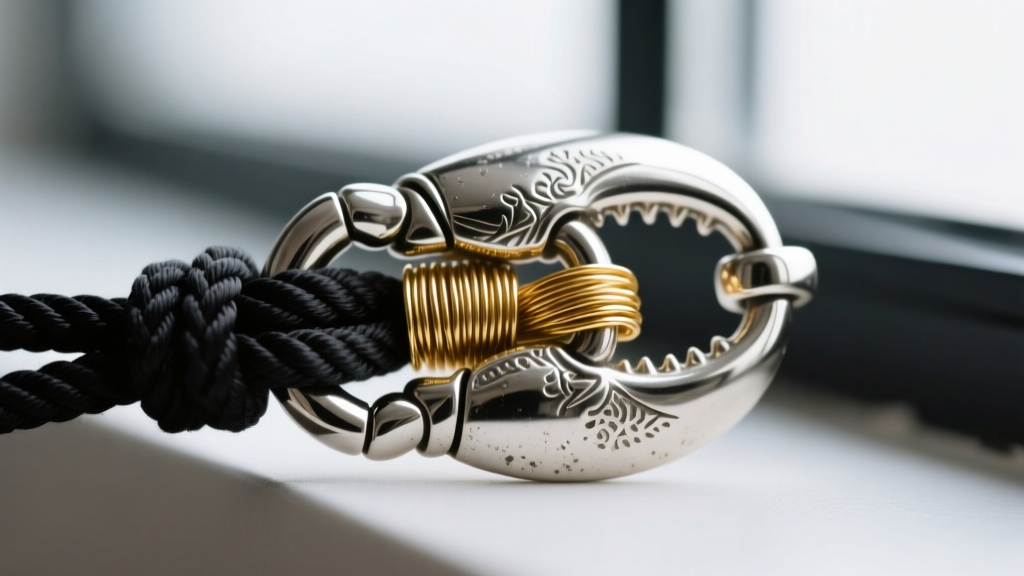 Macro shot of a silver lobster clasp attached to a knotted black silk cord, protected by a tiny coil of gold French wire gimp.