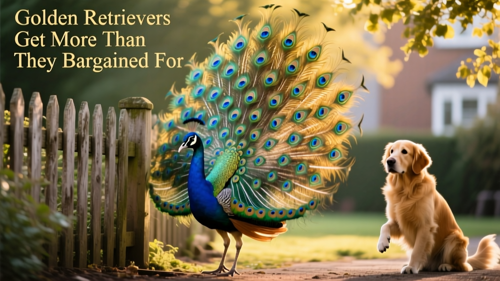 A male peacock fanning its tail feathers defensively near a garden fence, with a small dog visible in the background at a safe distance