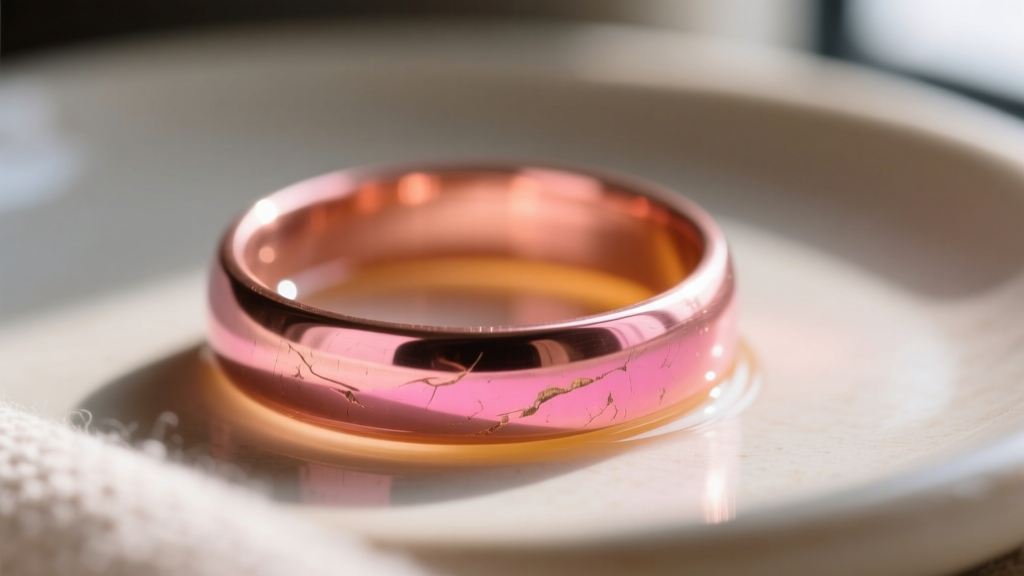Copper ring in warm citric acid, showing a bright salmon-pink metal surface completely free of dark oxidation and heavy fire scale.