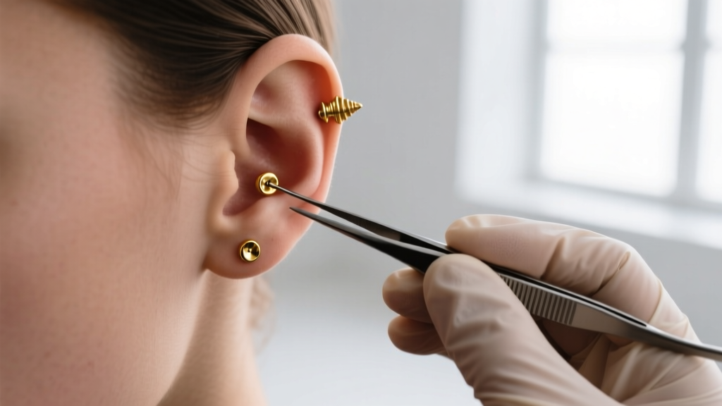 Piercer using sterile forceps to insert a threadless 14k gold cartilage stud into a healed conch piercing in a bright studio