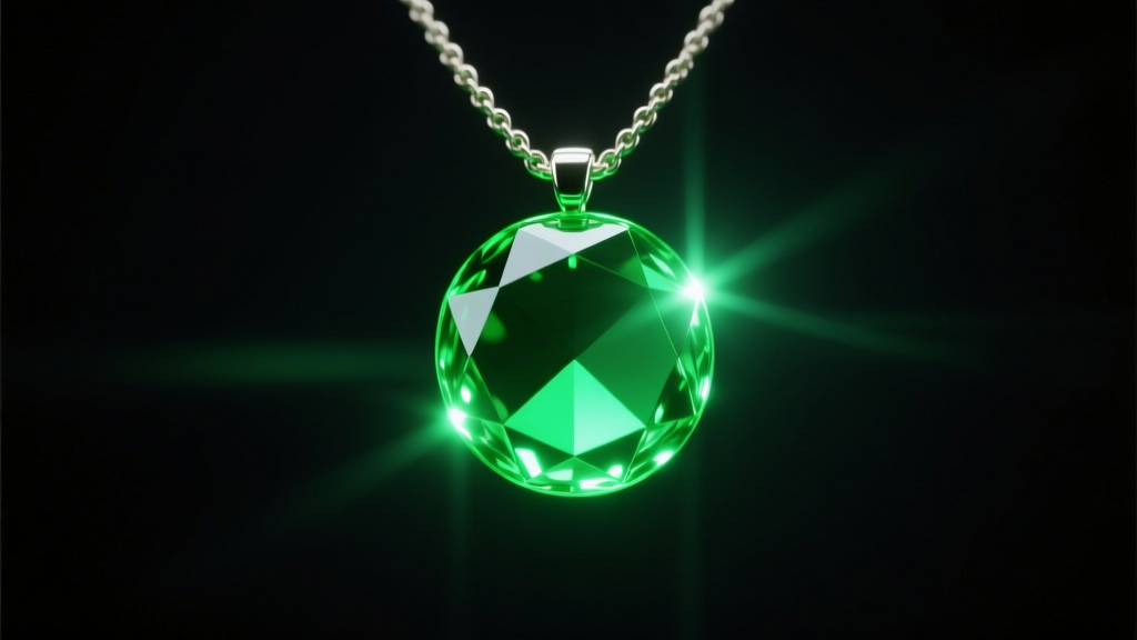 A glowing uranium glass vintage green necklace bead illuminated by a 365nm UV blacklight in a completely dark room environment.