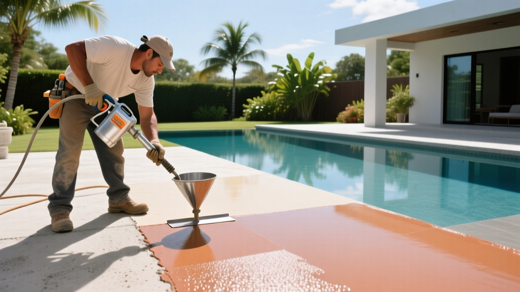 Contractor applying a textured Sun-Dek acrylic coating over a bare concrete pool deck using a hopper gun and trowel in bright sunlight