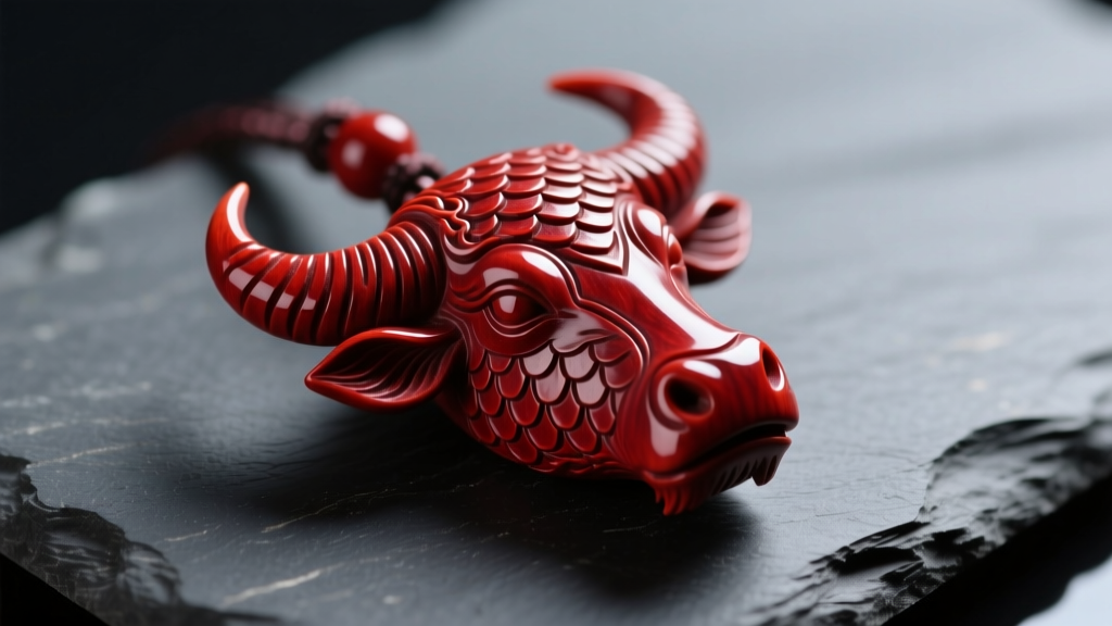 Close-up of a carved water buffalo bone pendant dyed deep crimson with dragon scale textures, resting on a dark slate surface.