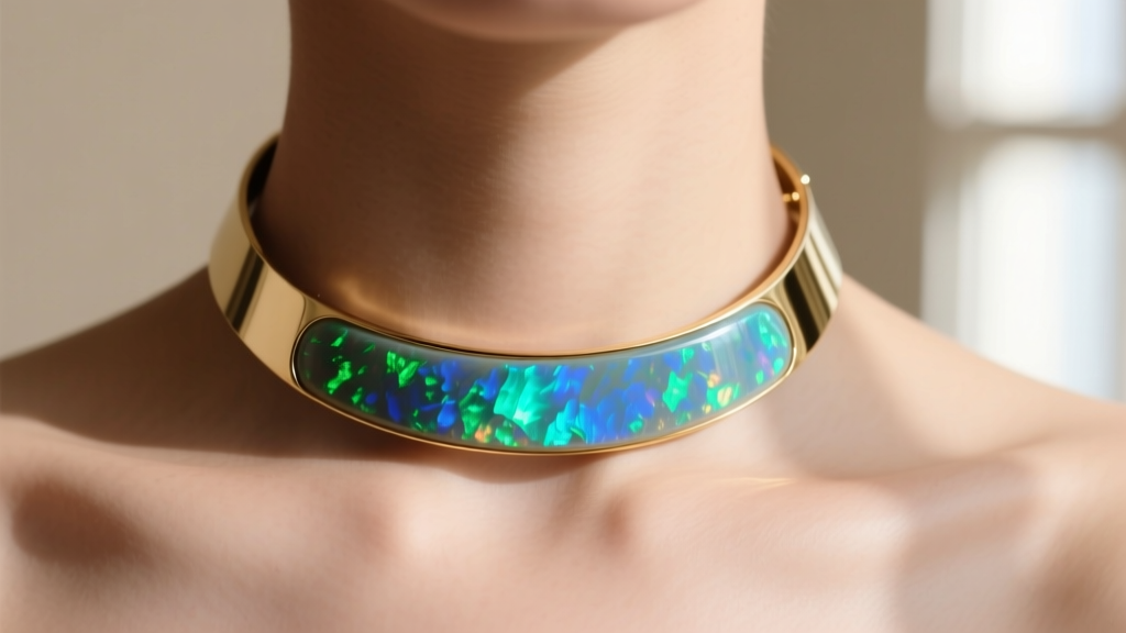 Close-up of a 15-inch gold opal choker necklace on a collarbone, showing vibrant blue and green play-of-color in soft lighting