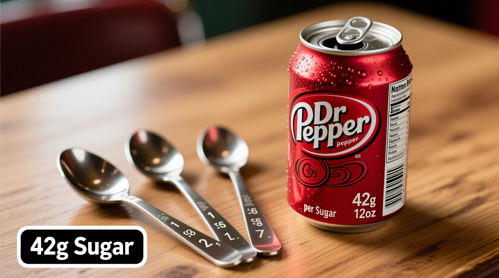 Dr Pepper can next to measuring spoons showing sugar content