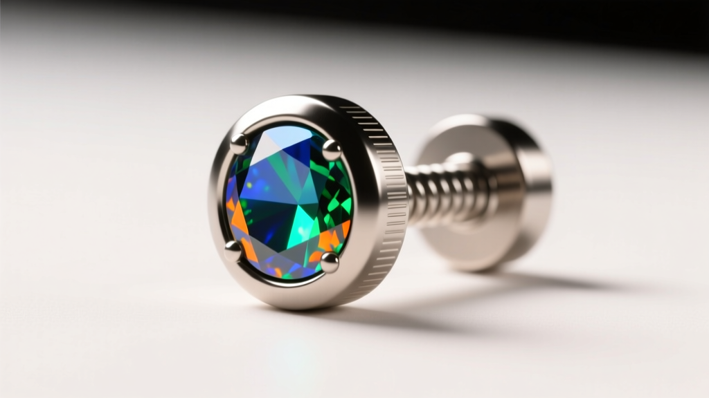 Macro photography of a 16-gauge threadless titanium labret stud with a bezel-set opal, highlighting the push-pin mechanism