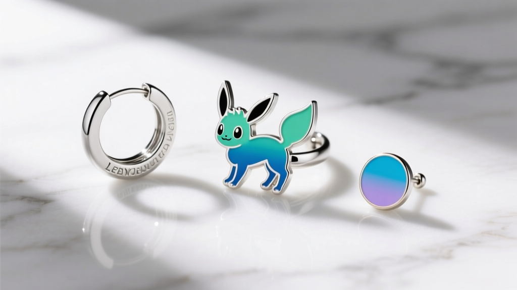 Flat lay of three Eevee earrings on marble, featuring a silver huggie hoop, an ear cuff, and a classic enamel post stud earring.