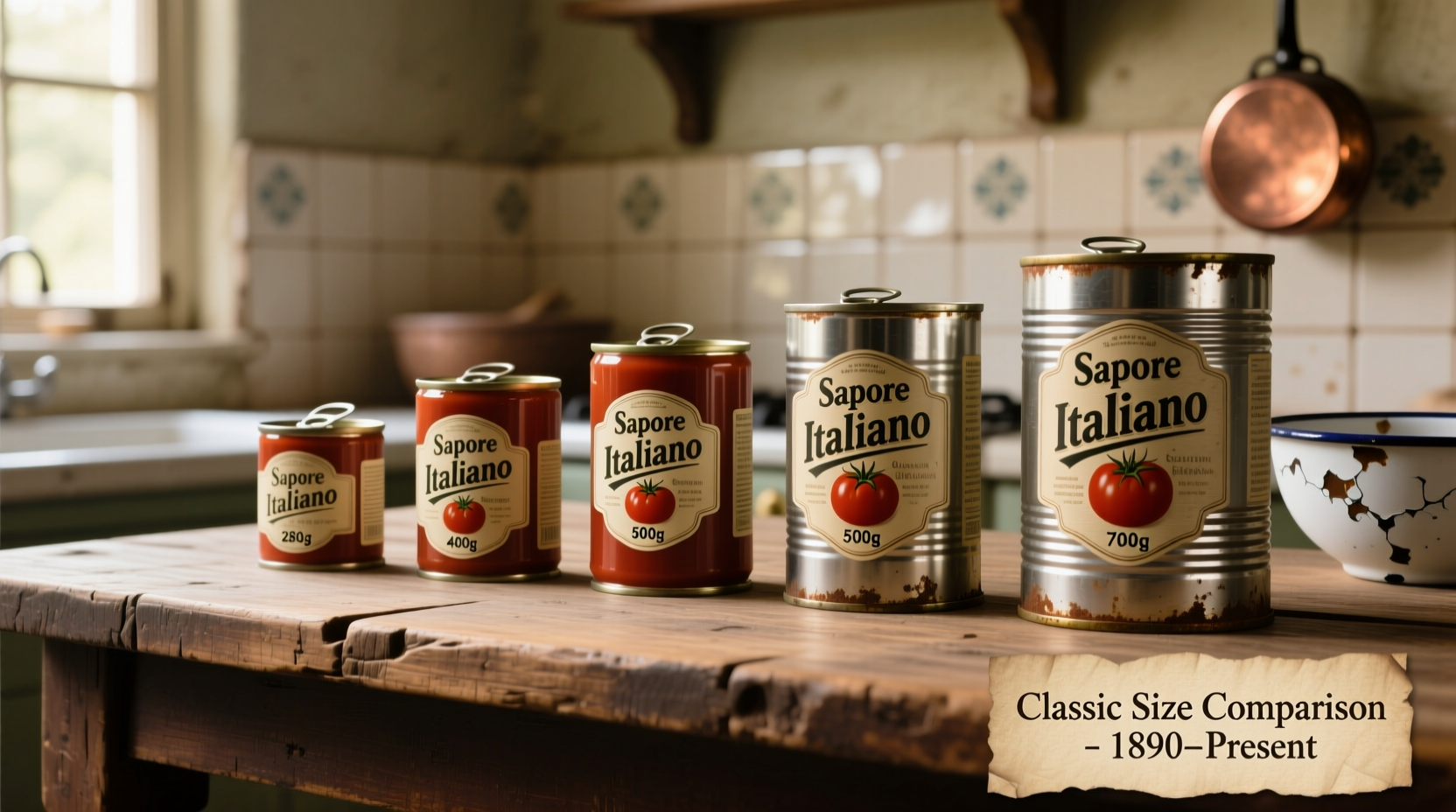 Tomato sauce cans in various standard sizes lined up for comparison