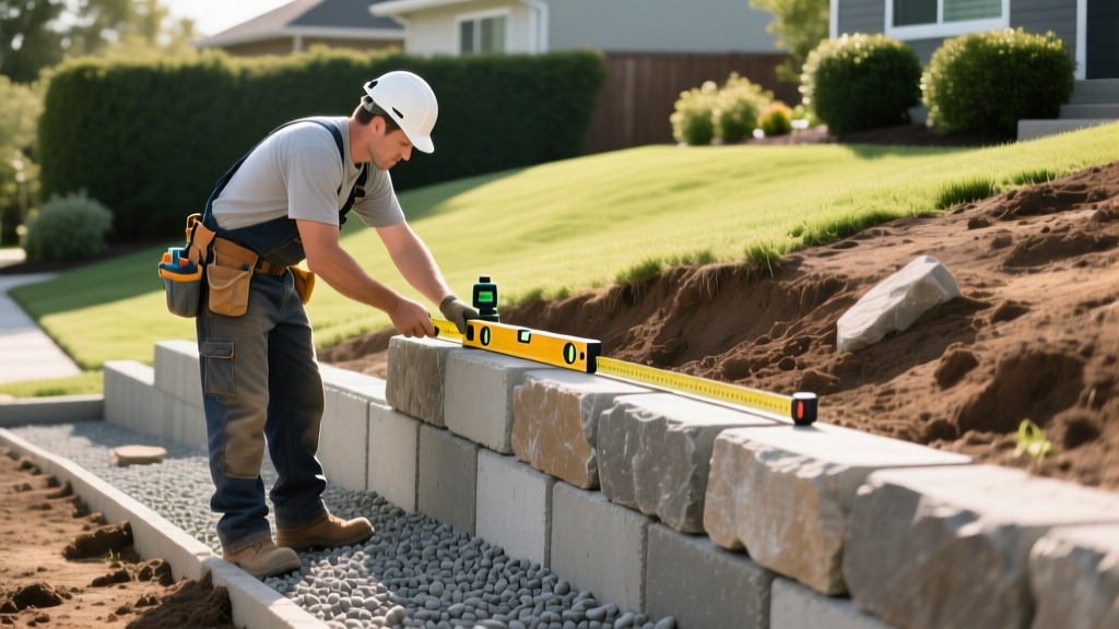 Contractor measuring a sloped yard to calculate the cost to build a segmental concrete retaining wall with a gravel drainage base