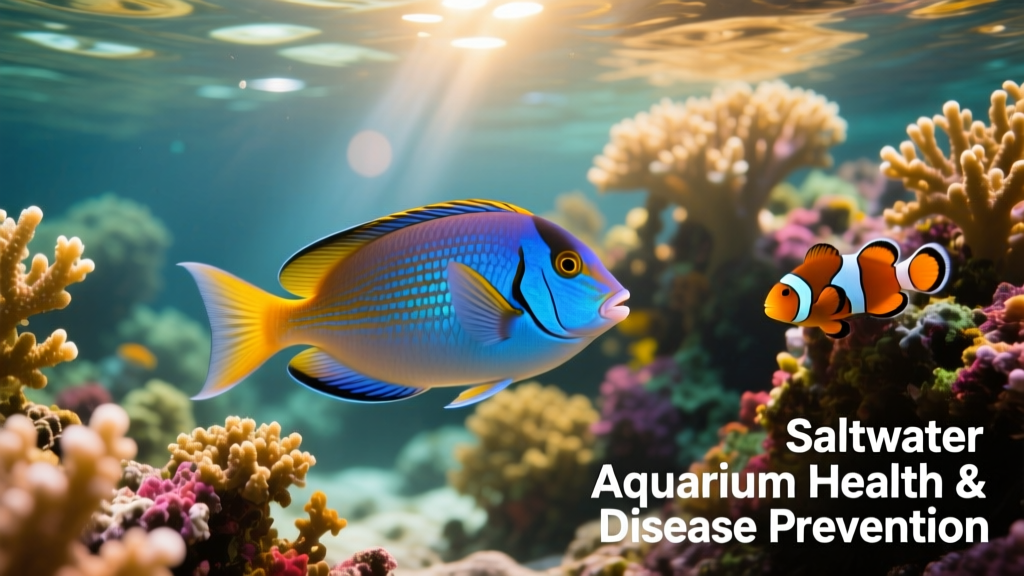 Well-fed saltwater fish swimming near healthy coral in a thriving aquarium