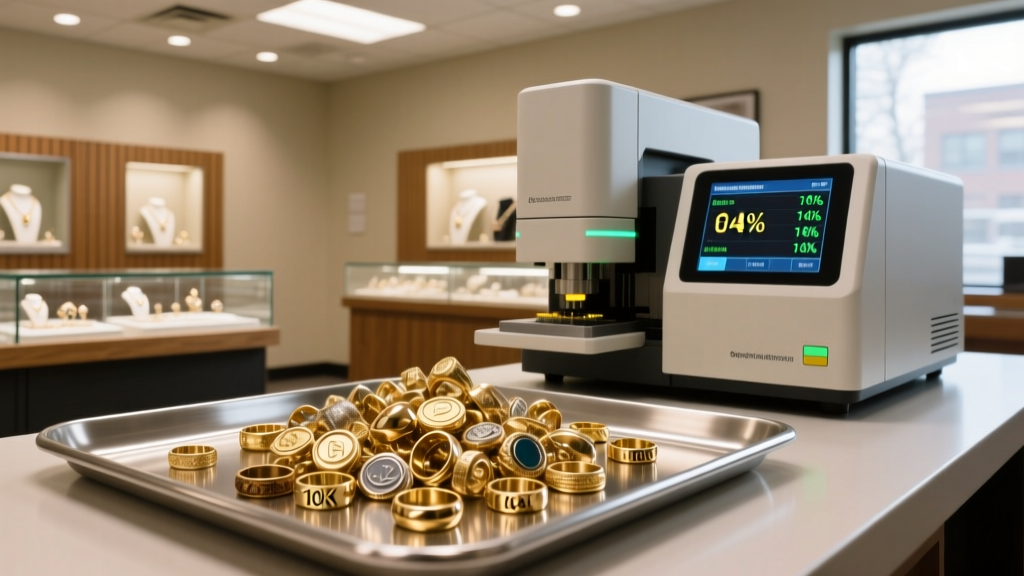 X-ray fluorescence spectrometer analyzing a mixed-karat gold ring pile on a metal tray in a professional Midwest pawn shop setting.