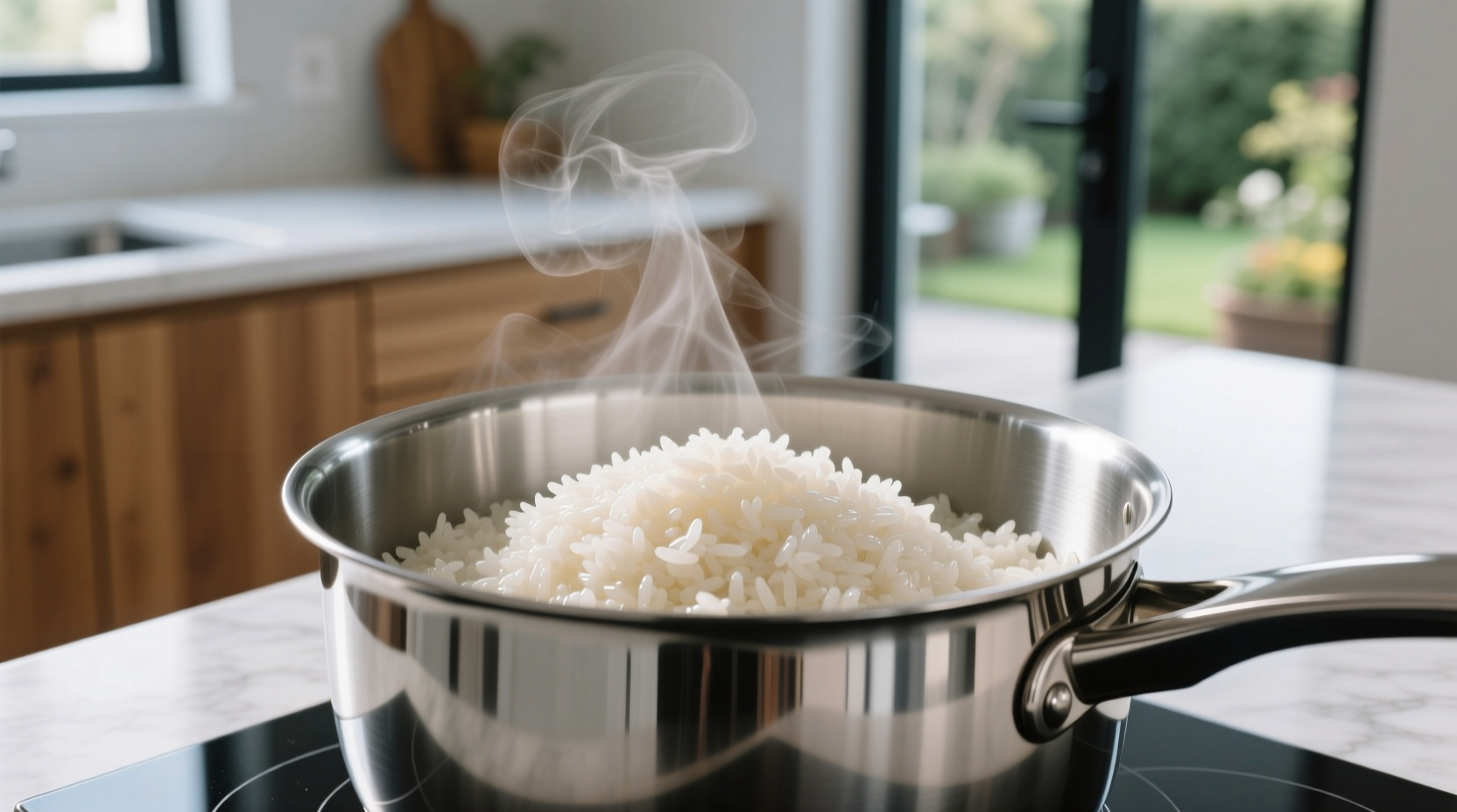 Perfectly cooked rice in stainless steel pot