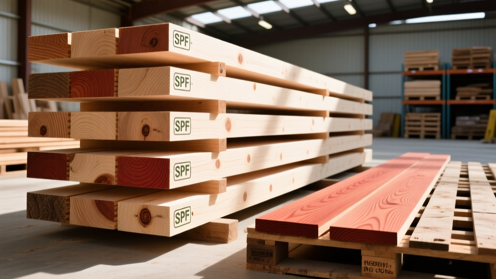 Stacked SPF and Douglas Fir framing lumber with grade stamps beside finished Western Red cedar trim in a bright lumber yard