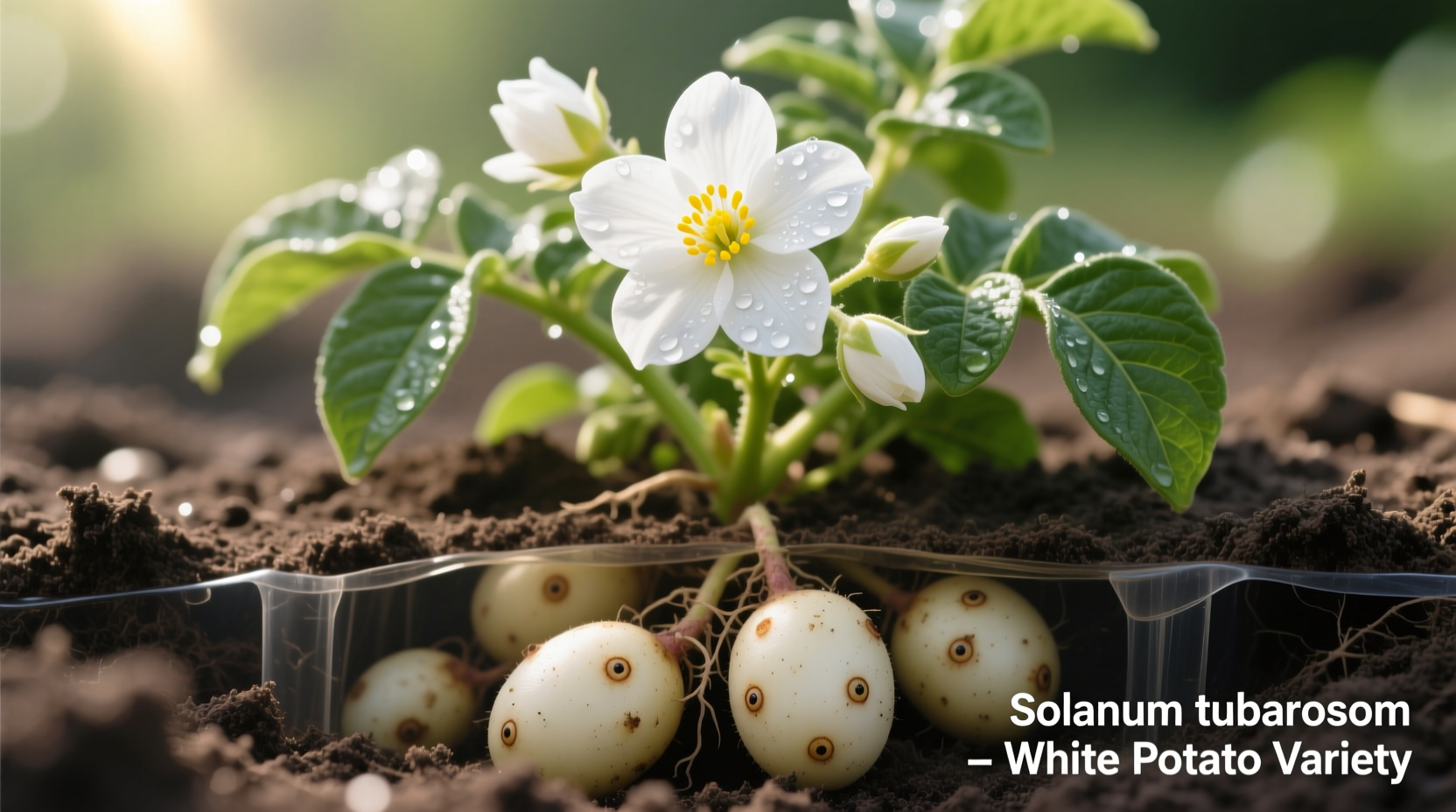 White potato plant showing flowers and tubers