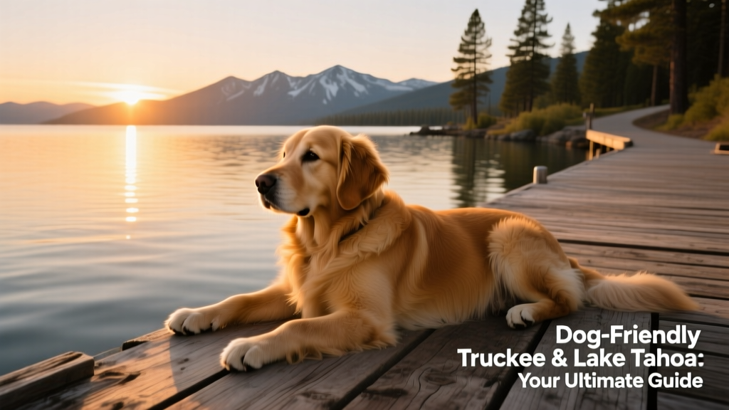 A golden retriever resting on a wooden dock overlooking Lake Tahoe at sunset
