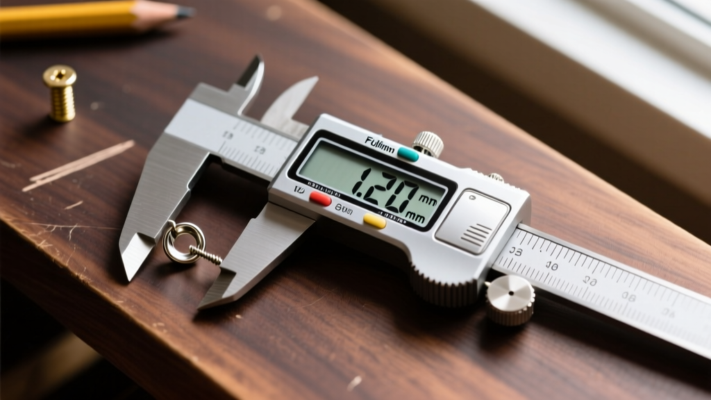 Top-down view of digital calipers measuring the 1.2mm thickness of a 16-gauge steel earring post on a dark wooden workbench