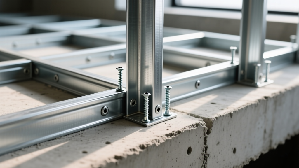 Close-up of galvanized steel framing brackets and self-drilling screws securing cold-formed steel studs to a concrete foundation slab