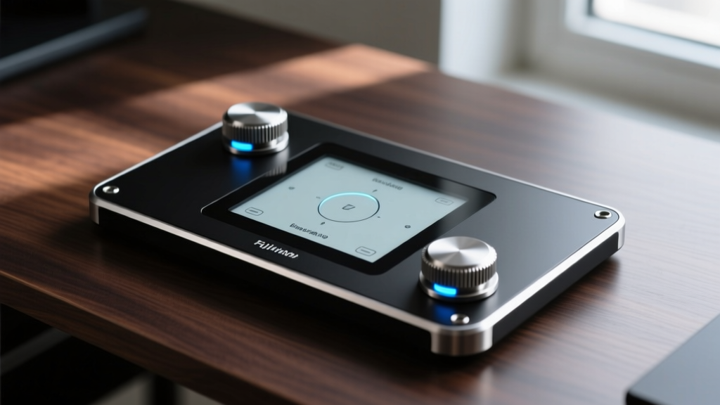 A sleek, CNC-machined aluminum custom macro pad with two haptic rotary encoders and an e-ink display on a dark walnut desk.