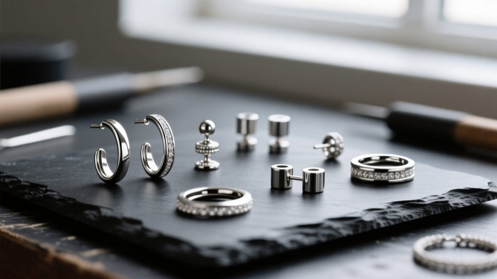 Macro shot of titanium and silver jewelry findings earrings, including ear wires and posts, on a dark slate jeweler workbench