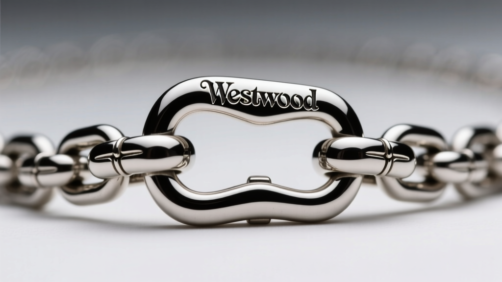 Macro photograph of a genuine Westwood necklace lobster clasp showing deep brand engraving and thick chain link soldering.