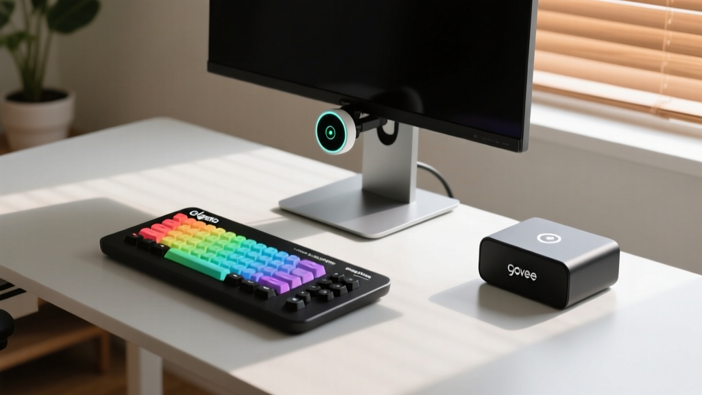 Overhead view of minimalist home office desk with Elgato Stream Deck Plus, Govee sync box, and Aqara FP2 sensor on monitor arm.