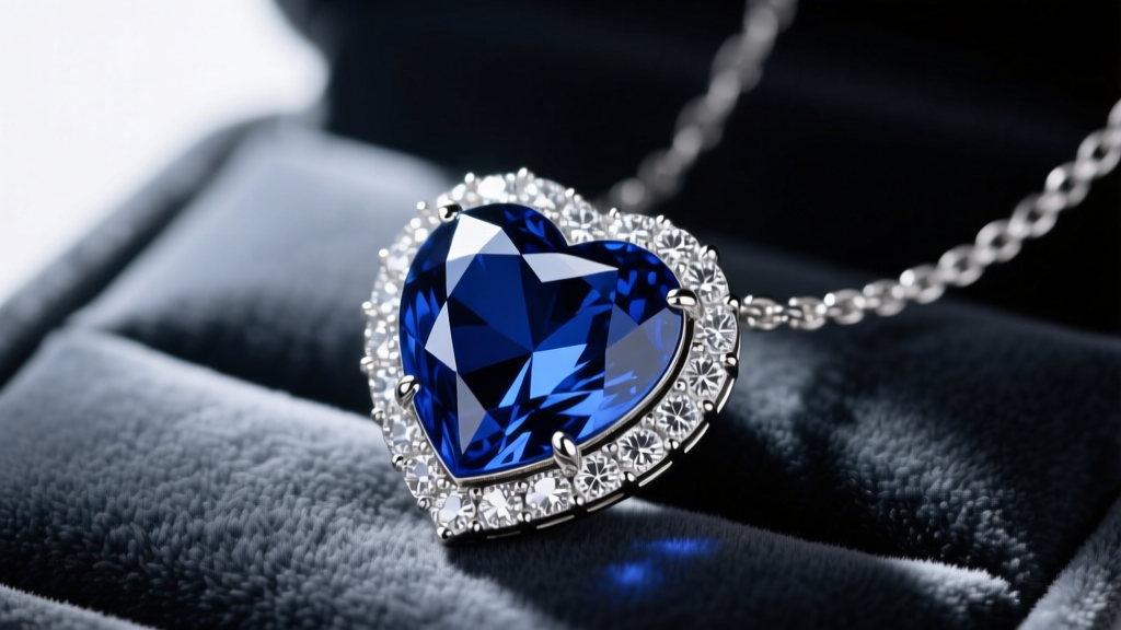 Close-up of a heart-shaped deep blue sapphire pendant surrounded by diamond halos on a platinum chain, resting on dark velvet