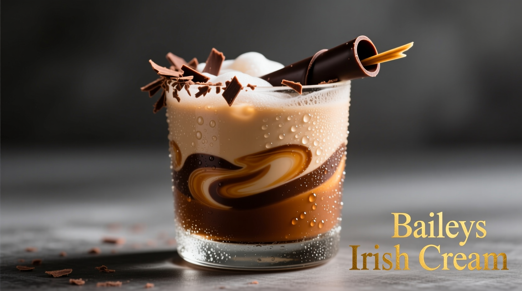 Glass of Baileys Irish Cream with chocolate garnish