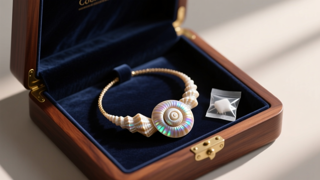 Coiled pooka shell necklace stored inside a dark velvet-lined wooden jewelry box next to a small silica gel desiccant packet