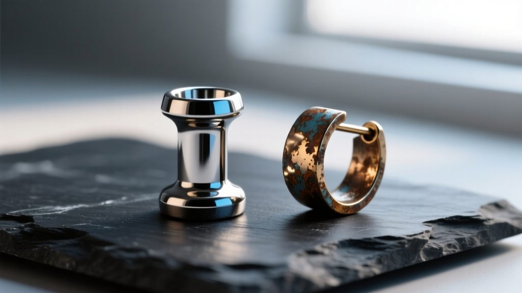 Macro shot comparing a polished titanium labret stud next to a tarnished steel earring on dark slate with dramatic side lighting