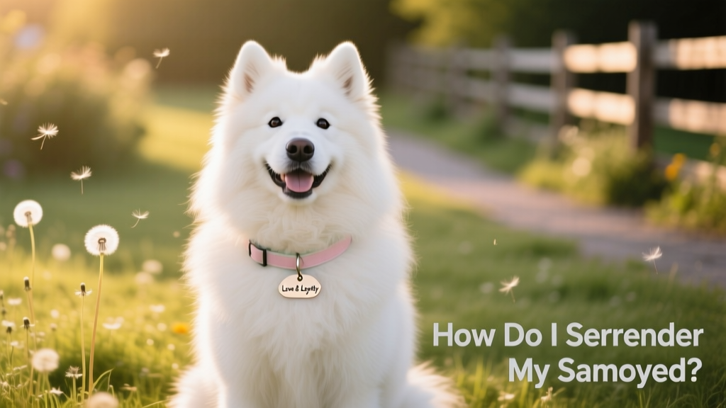 A smiling Samoyed sitting outdoors with a gentle expression, wearing a soft collar