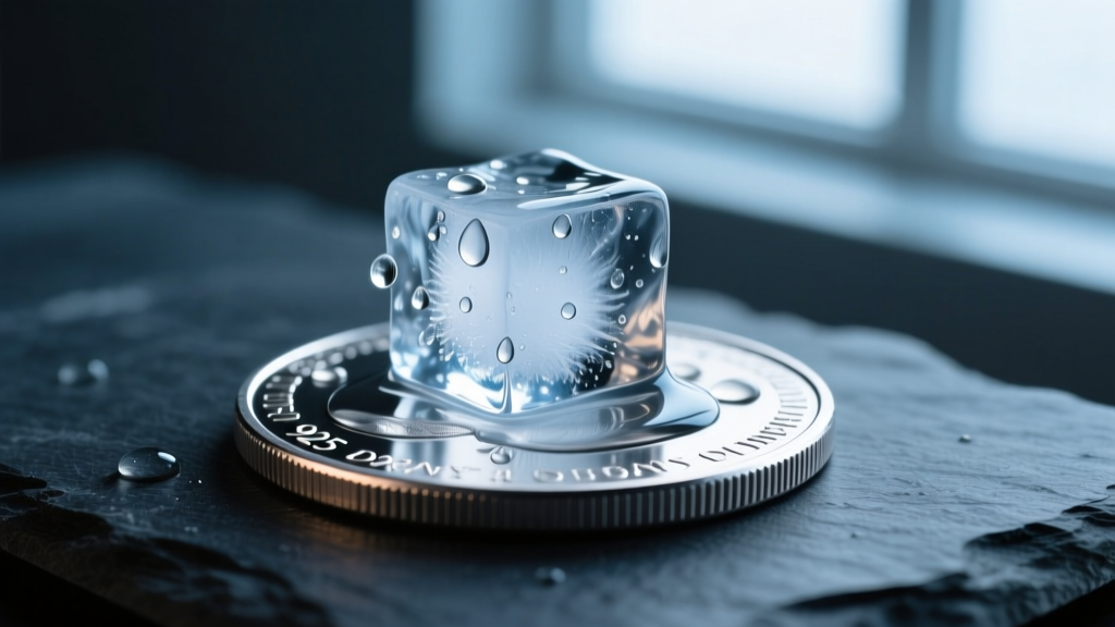 Ice cube melting rapidly on a thick 925 sterling silver coin to show thermal conductivity, photographed on a dark slate surface.