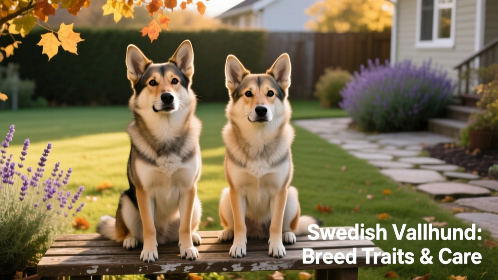 Two Swedish Vallhunds interacting calmly in a sunlit backyard, highlighting their expressive faces and compact stature