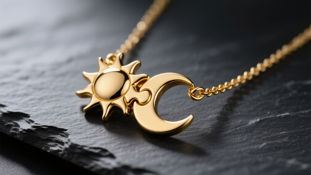 Close-up of a 14k gold sun and moon necklace couple set on dark slate, soft lighting highlighting the interlocking puzzle edges.